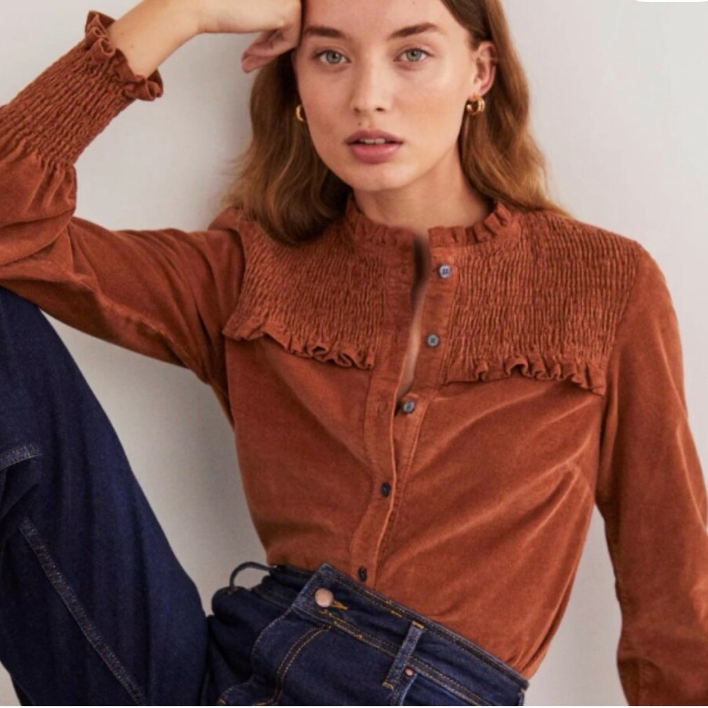 Boden Smocked High Neck Corduroy Red Oak Shirt